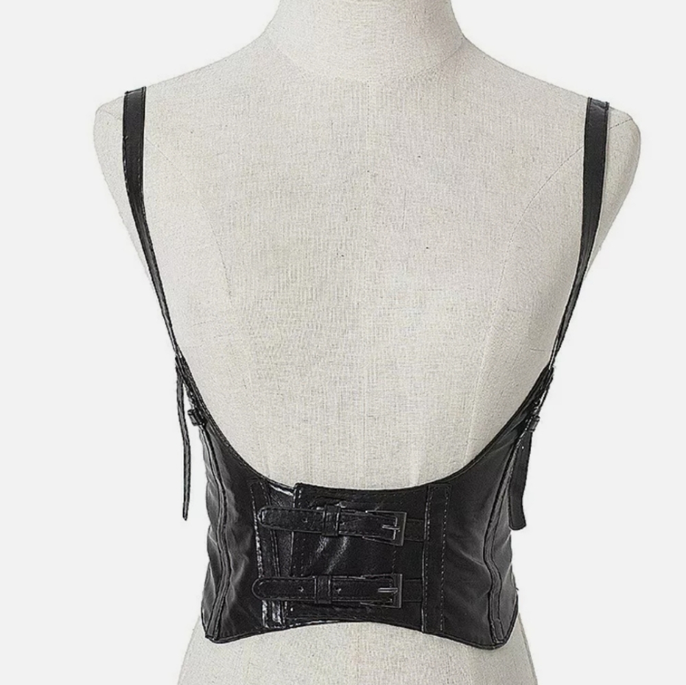Black wide corset belt patent faux leather harness suspenders steampunk waist - Picture 3 of 16